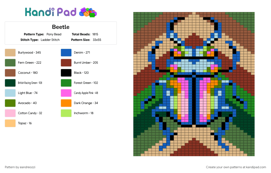 Beetle - Pony Bead Pattern by eandreozzi on Kandi Pad - beige, colorful, green, red