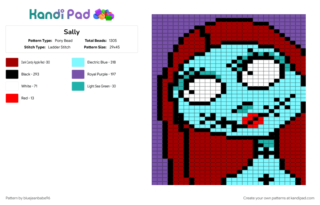 Sally - Pony Bead Pattern by bluejeanbabe96 on Kandi Pad - light blue, red
