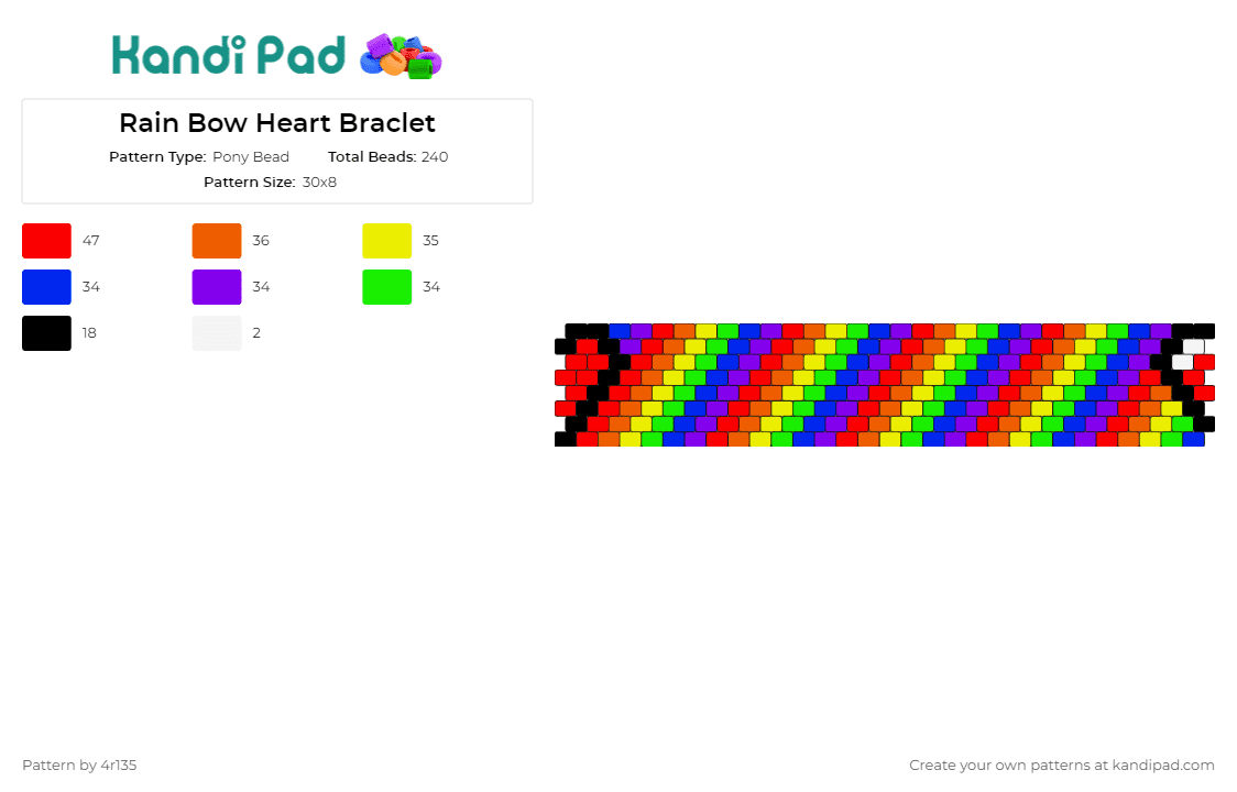 Rain Bow Heart Braclet - Pony Bead Pattern by 4r135 on Kandi Pad - rainbow,heart,stripes,colorful,cuff,bracelet