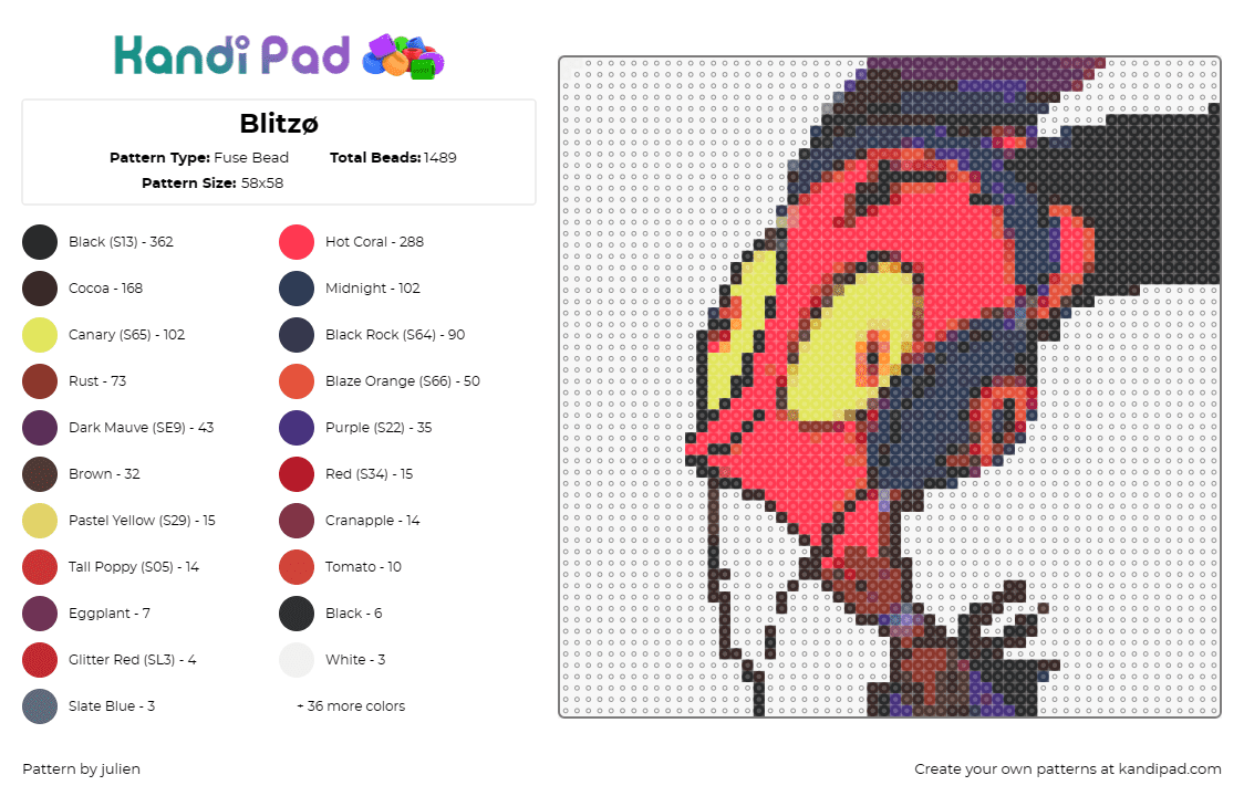 Blitzø - Fuse Bead Pattern by julien on Kandi Pad - blitzo,helluva boss,hazbin hotel,character,demon,headphones,tv show,red,yellow