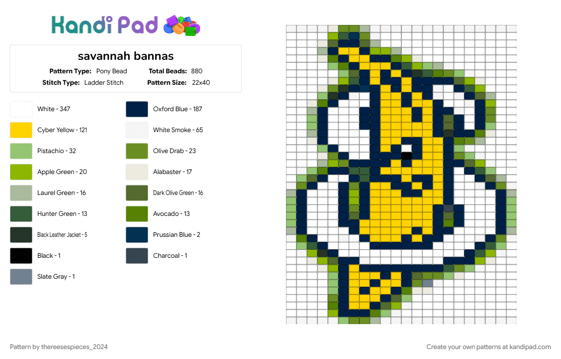 savannah bannas - Pony Bead Pattern by thereesespieces_2024 on Kandi Pad - baseball, blue, green, logo, sports, team, white, yellow