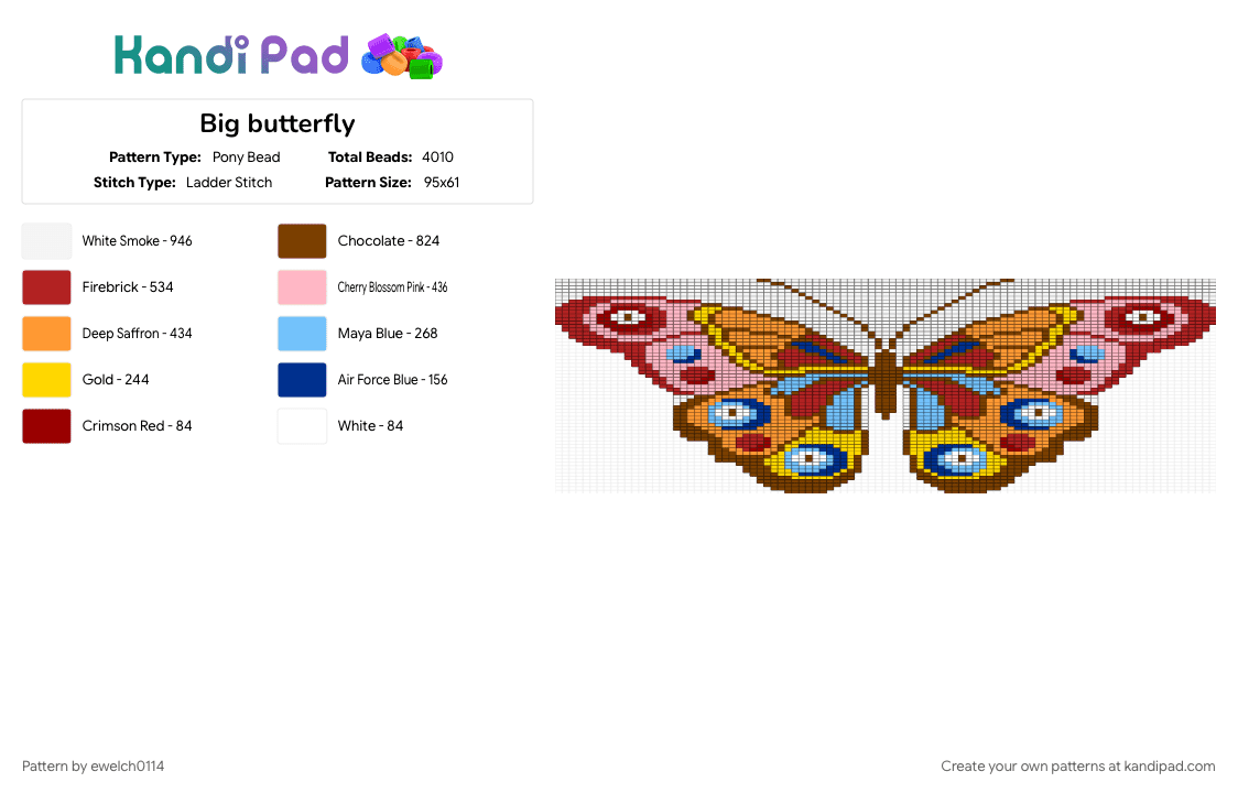 Big butterfly - Pony Bead Pattern by ewelch0114 on Kandi Pad - brown, orange, pink, red