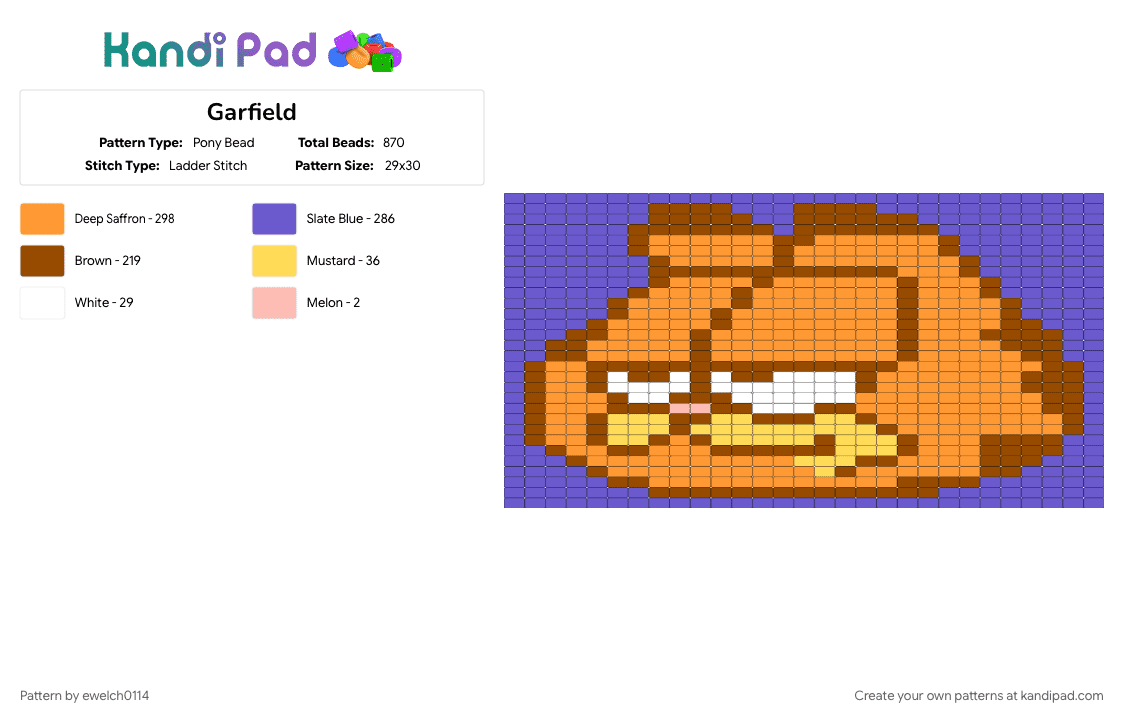 Garfield - Pony Bead Pattern by ewelch0114 on Kandi Pad - blue, orange, red
