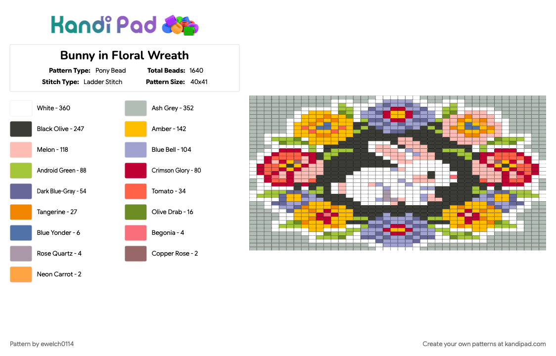 Bunny in Floral Wreath - Pony Bead Pattern by ewelch0114 on Kandi Pad - beige, colorful, green, pink