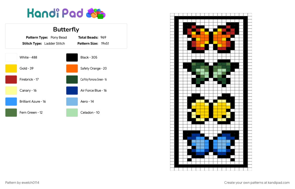 Butterfly - Pony Bead Pattern by ewelch0114 on Kandi Pad - light blue, white, yellow