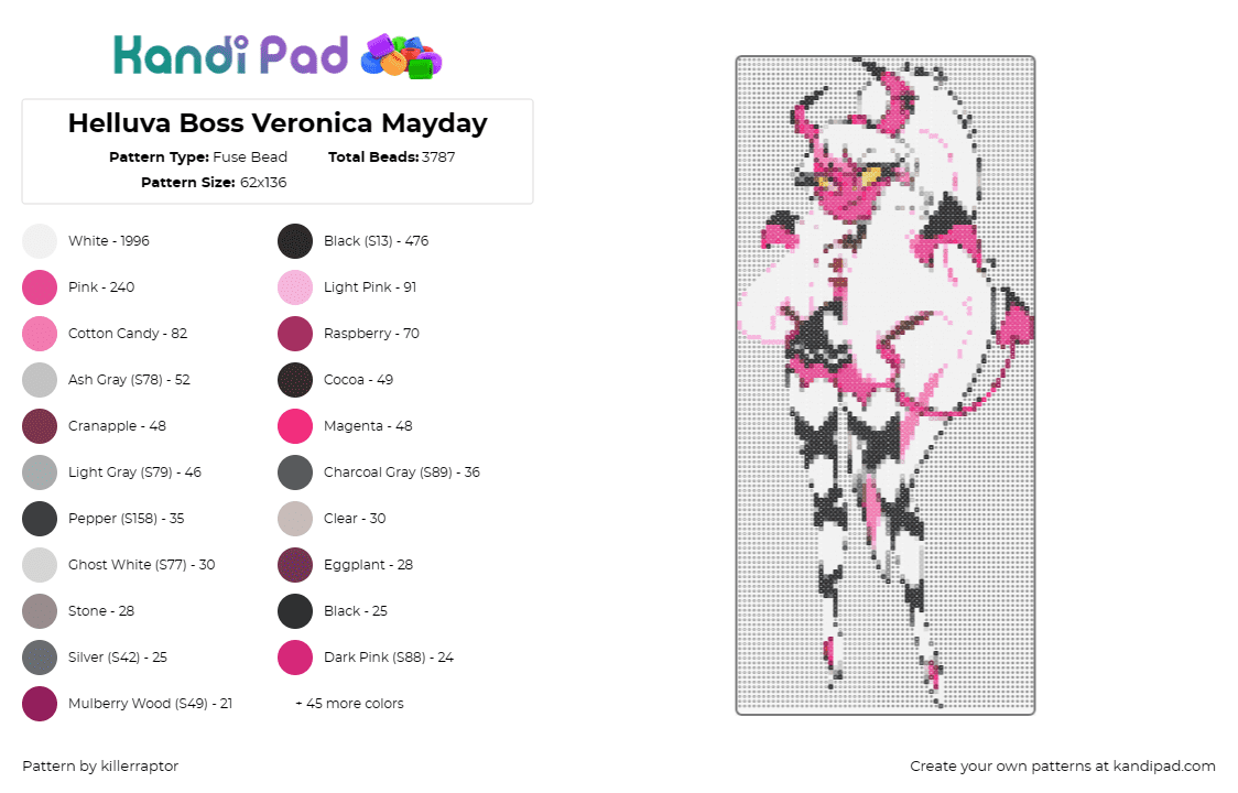 Helluva Boss Veronica Mayday - Fuse Bead Pattern by killerraptor on Kandi Pad - verosica mayday,helluva boss,hazbin hotel,character,animation,tv show,demon,whit