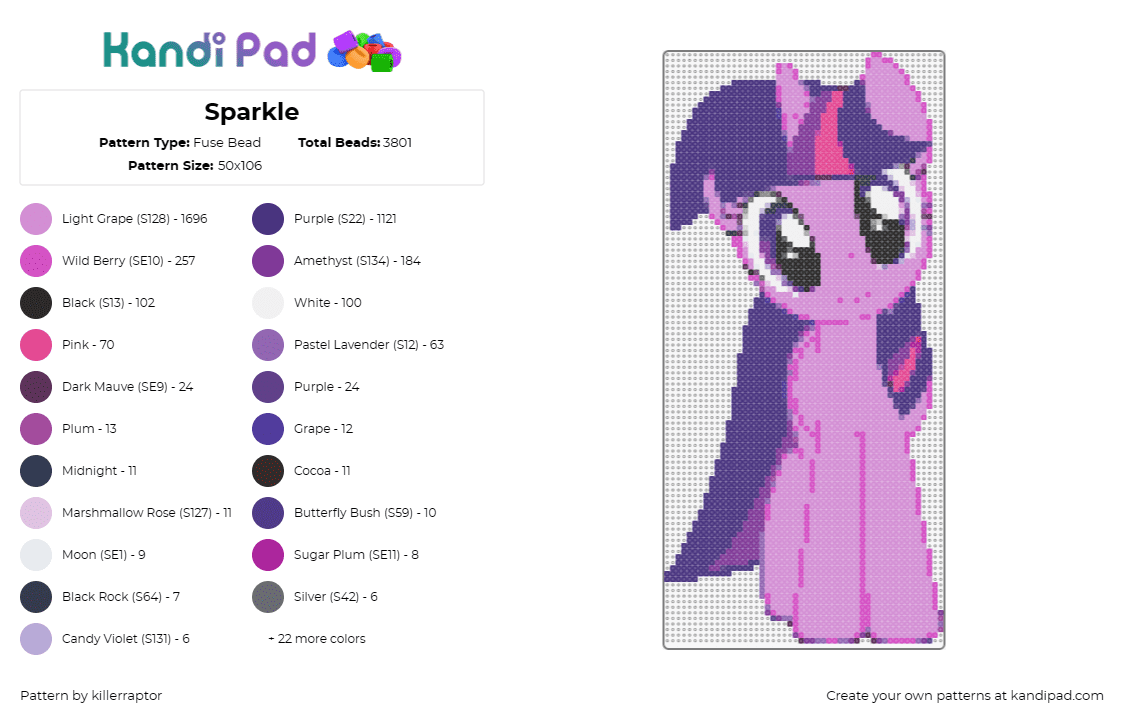 Sparkle - Fuse Bead Pattern by killerraptor on Kandi Pad - sparkle,mlp,my little pony,character,pink,purple