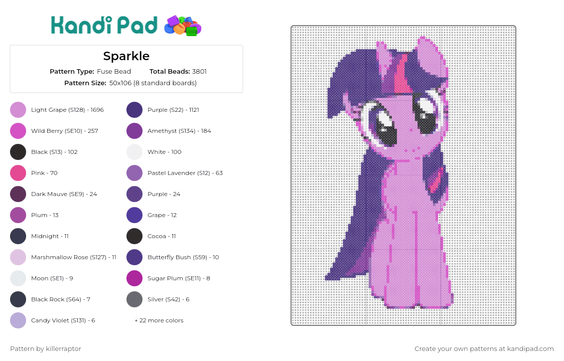 Sparkle - Fuse Bead Pattern by killerraptor on Kandi Pad - sparkle,mlp,my little pony,character,pink,purple