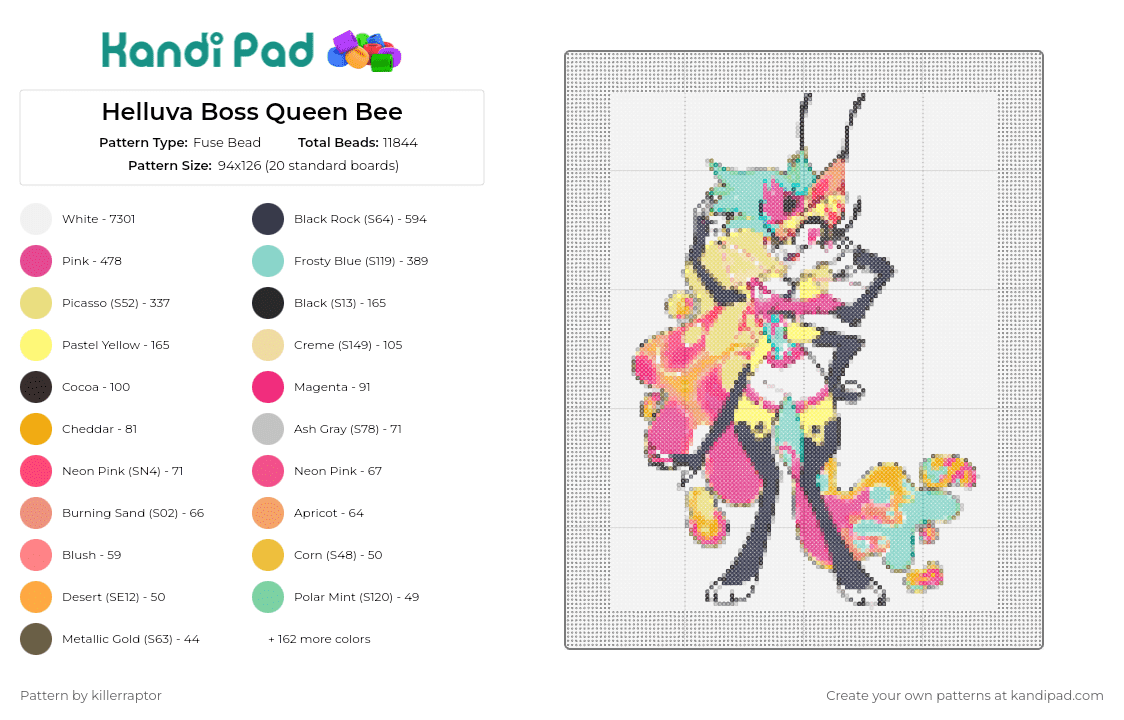 Helluva Boss Queen Bee - Fuse Bead Pattern by killerraptor on Kandi Pad - beelzebub,queen bee,helluva boss,hazbin hotel,character,animation,tv show,colorful,pink