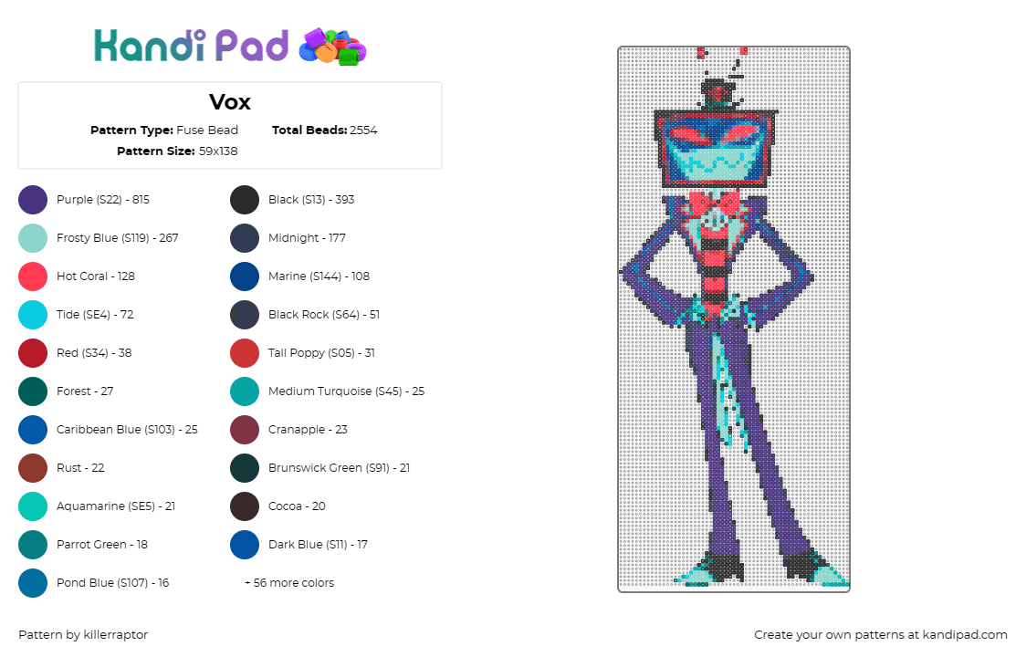 Vox - Fuse Bead Pattern by killerraptor on Kandi Pad - vox,hazbin hotel,television,character,animation,tv show,demon,blue,light blue,re