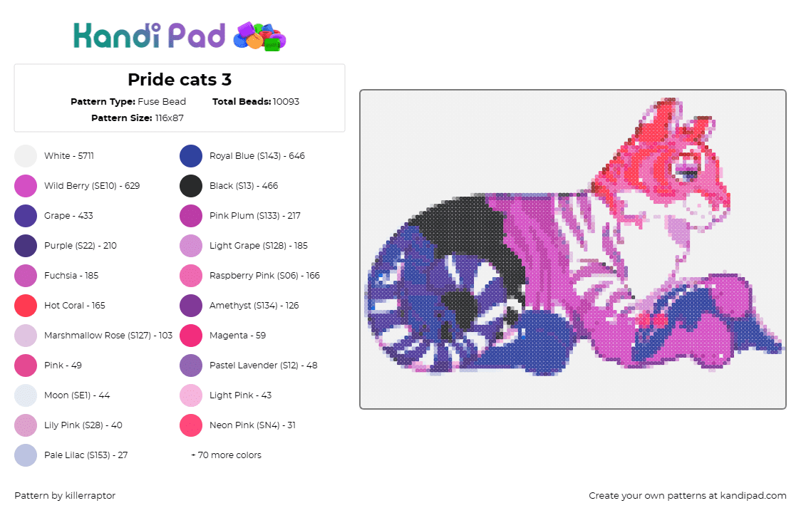 Pride cats 3 - Fuse Bead Pattern by killerraptor on Kandi Pad - genderfluid,pride,cat,community,animal,purple,pink