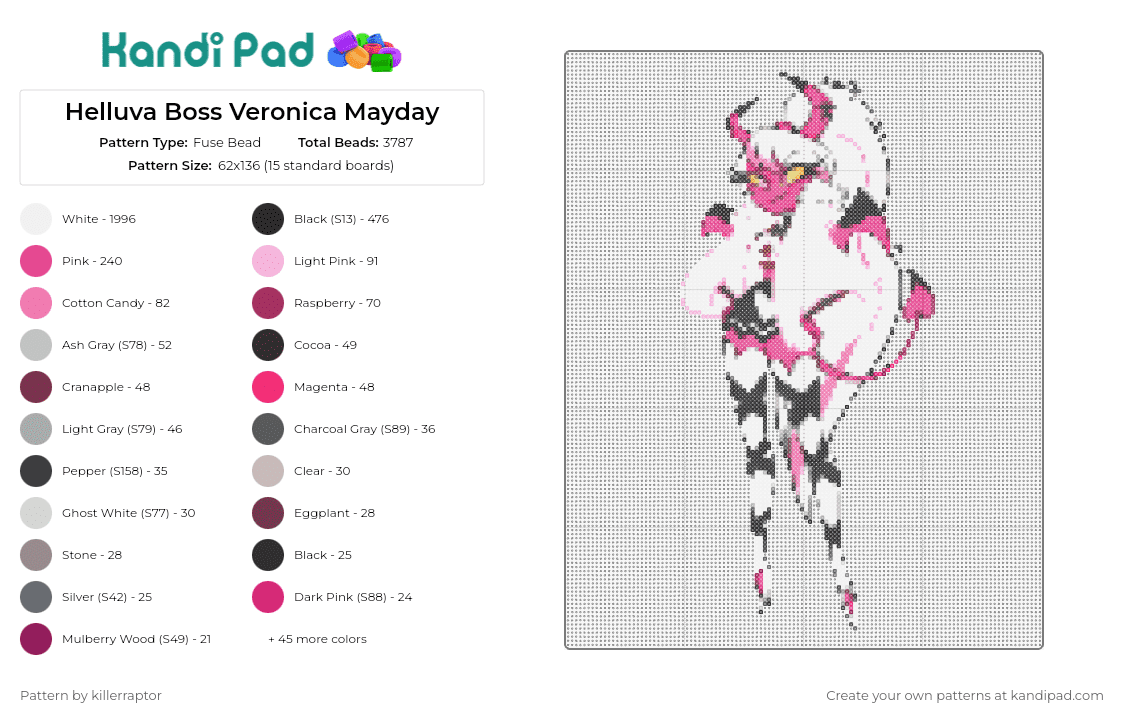Helluva Boss Veronica Mayday - Fuse Bead Pattern by killerraptor on Kandi Pad - verosica mayday,helluva boss,hazbin hotel,character,animation,tv show,demon,white,pink