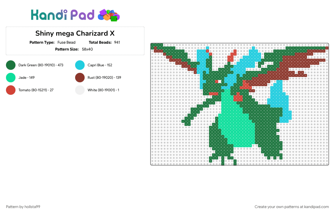Shiny mega Charizard X - Fuse Bead Pattern by hollsta99 on Kandi Pad - 