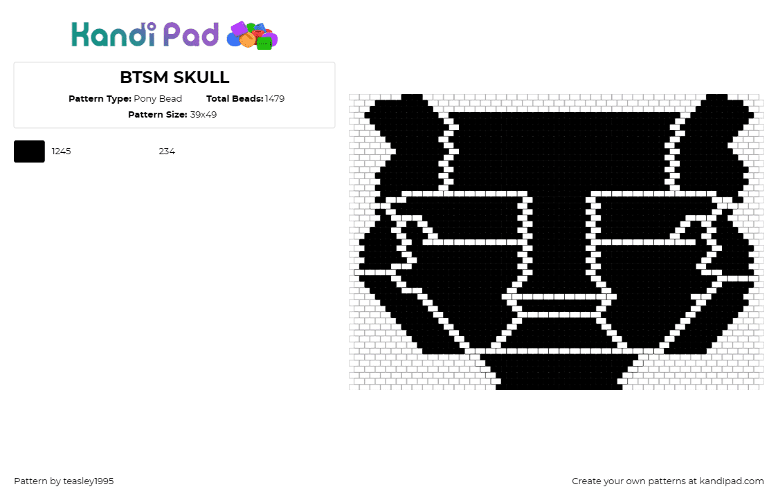 BTSM SKULL - Pony Bead Pattern by teasley1995 on Kandi Pad - btsm,black tiger sex machine,helmet,dj,edm,music,black