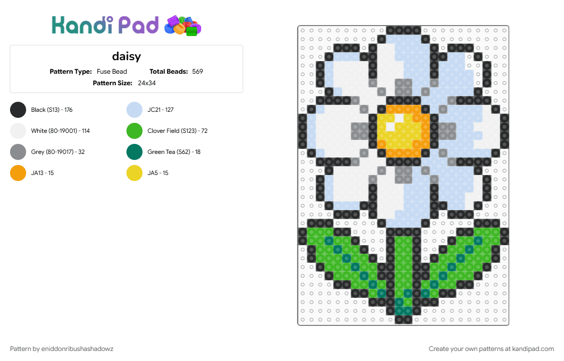 daisy - Fuse Bead Pattern by eniddonribushashadowz on Kandi Pad - colorful, daisy, flower, gray, green, nature, spring, white