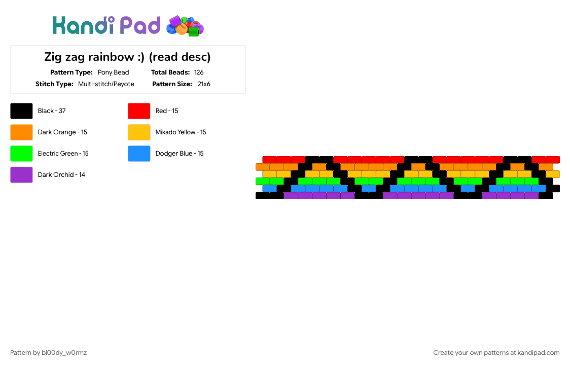 Zig zag rainbow :) (read desc) - Pony Bead Pattern by bl00dy_w0rmz on Kandi Pad - black, colorful, green, kidcore, orange, purple, rainbow, red, stripes, yellow