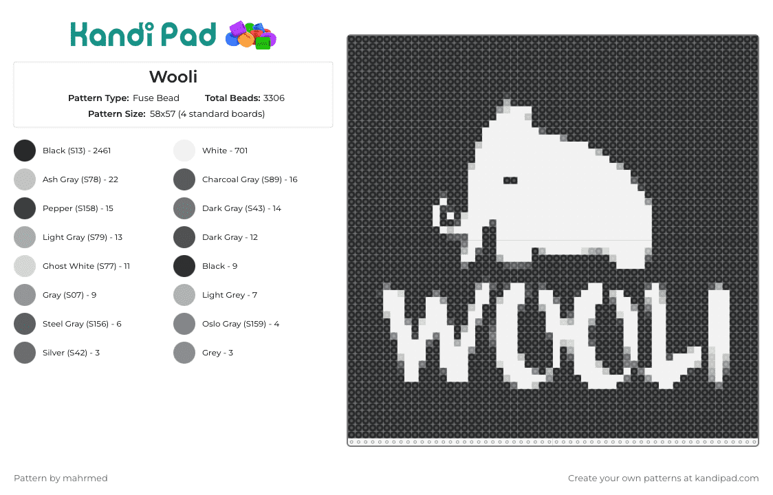 Wooli - Fuse Bead Pattern by mahrmed on Kandi Pad - wooli,logo,mammoth,dj,edm,music,white,black