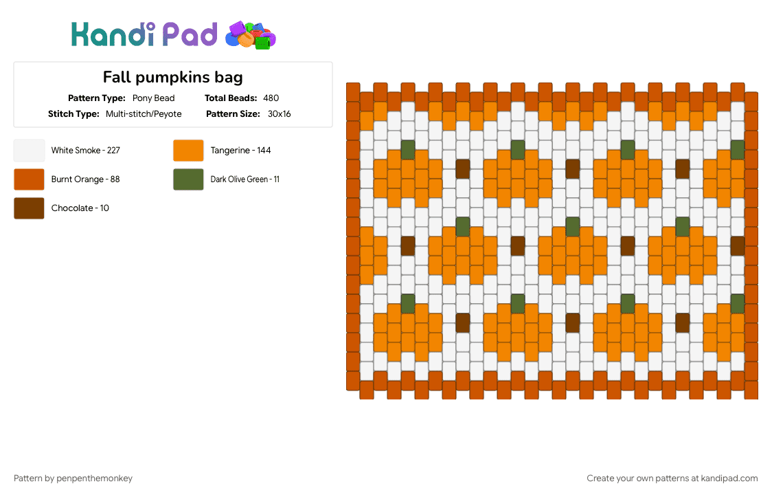 Fall pumpkins bag - Pony Bead Pattern by penpenthemonkey on Kandi Pad - orange, red, white