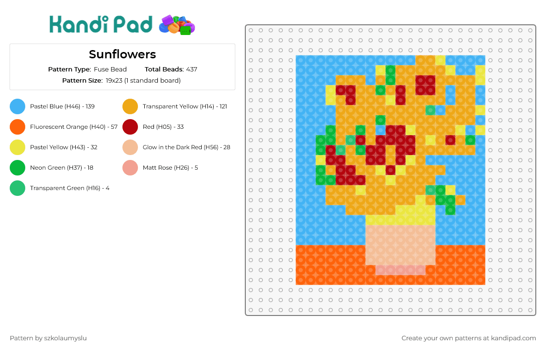 Sunflowers - Fuse Bead Pattern by szkolaumyslu on Kandi Pad - sunflowers,bouquet,vase,bloom,light blue,orange,yellow