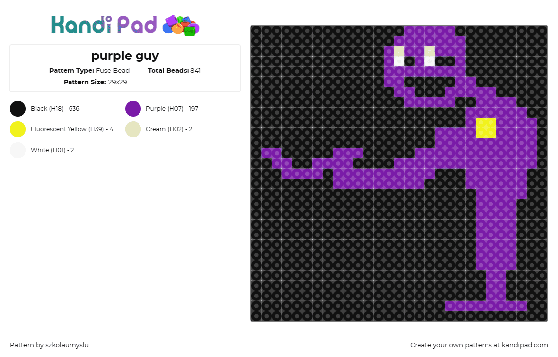 purple guy - Fuse Bead Pattern by szkolaumyslu on Kandi Pad - william afton,purple guy,fnaf,five nights at freddys,character,horror,spooky,video game,purple,black