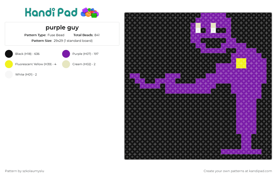 purple guy - Fuse Bead Pattern by szkolaumyslu on Kandi Pad - william afton,purple guy,fnaf,five nights at freddys,character,horror,spooky,video game,purple,black