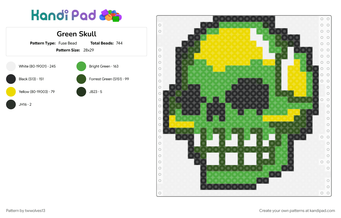 Green Skull - Fuse Bead Pattern by twwolves13 on Kandi Pad - bright, colorful, green, greenskull, skull, spooky