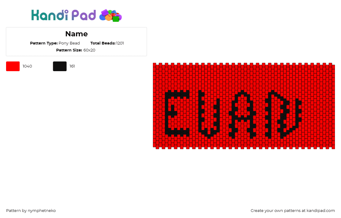 Name - Pony Bead Pattern by nymphetneko on Kandi Pad - evan,name,text,cuff,red