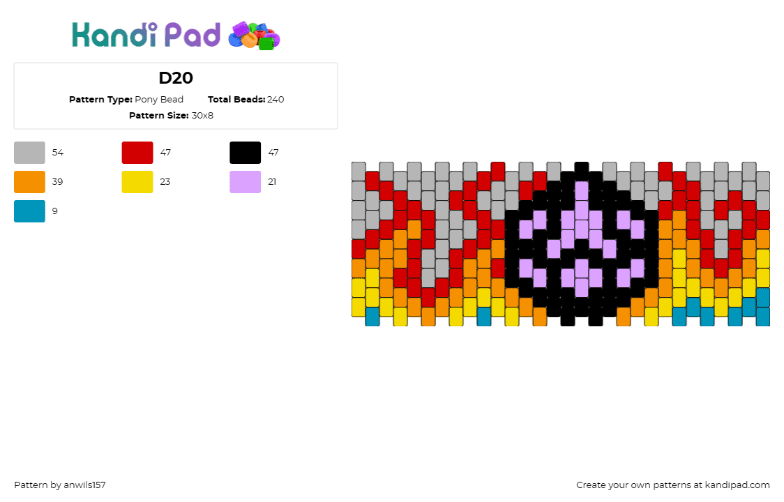 D20 - Pony Bead Pattern by anwils157 on Kandi Pad - d20,dice,dnd,dungeons and dragons,flames,fire,gaming,cuff,pink,orange,gray