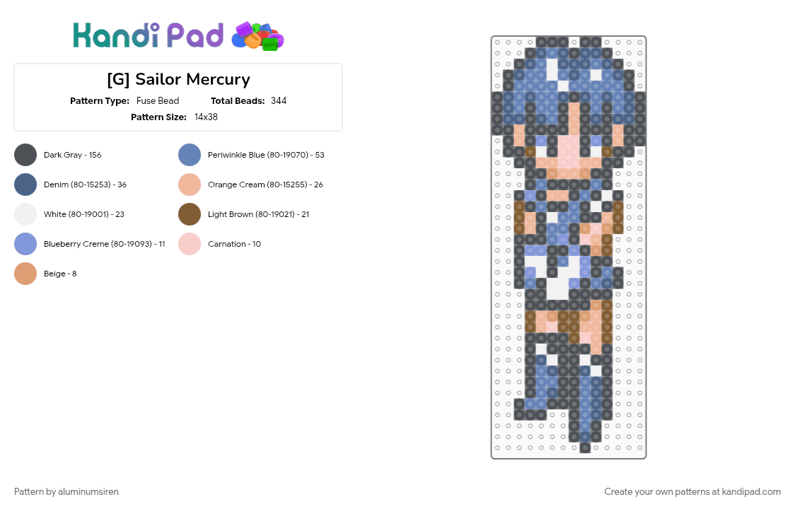 [G] Sailor Mercury - Fuse Bead Pattern by aluminumsiren on Kandi Pad - ami mizuno, anime, blue, character, gray, sailor mercury, sailor moon, sailor moon another story, super famicom, superhero
