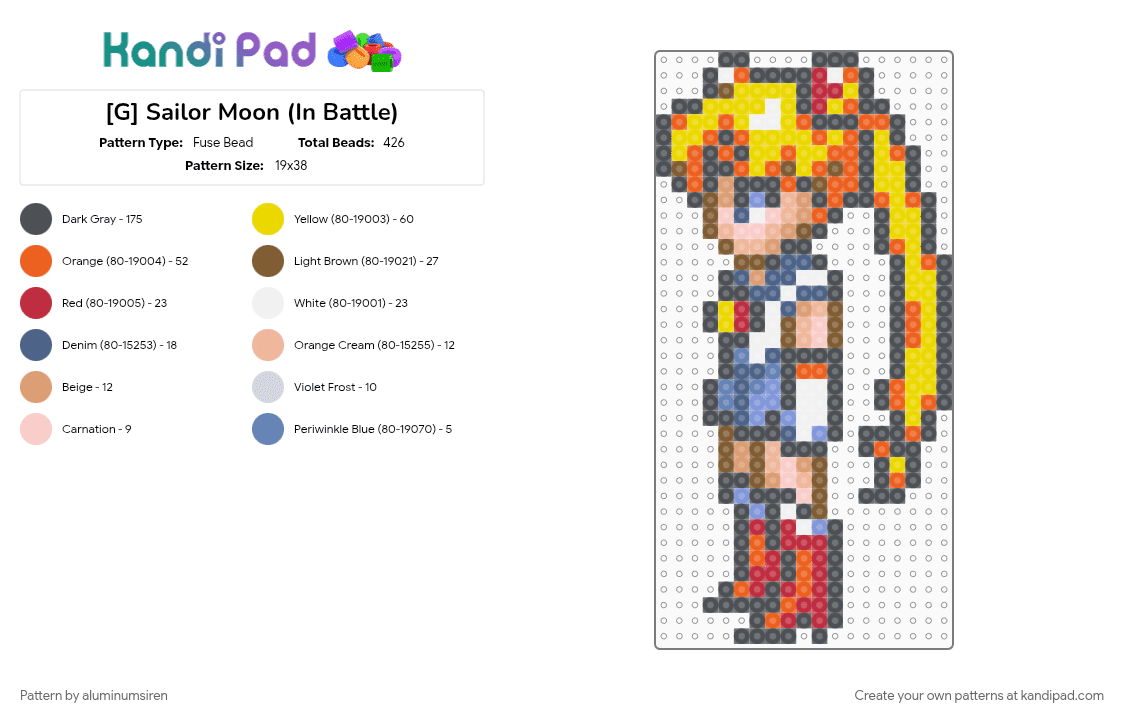 [G] Sailor Moon (In Battle) - Fuse Bead Pattern by aluminumsiren on Kandi Pad - anime, character, girl, gray, orange, sailor moon, sailor moon another story, super famicom, superhero, usagi tsukino, yellow