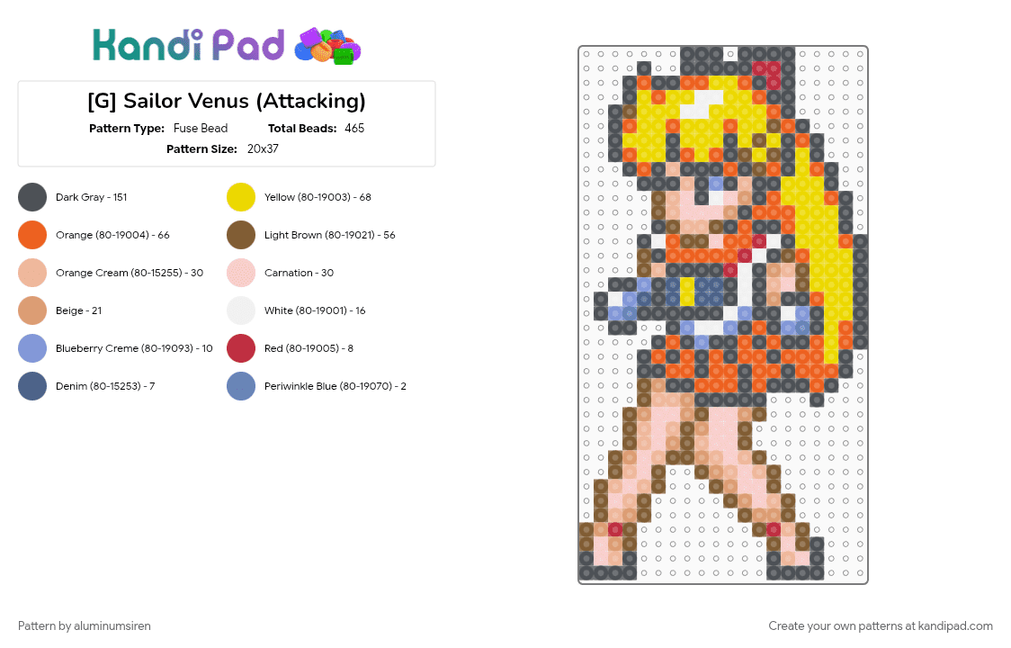 [G] Sailor Venus (Attacking) - Fuse Bead Pattern by aluminumsiren on Kandi Pad - anime, beige, character, colorful, gray, minako aino, sailor moon, sailor moon another story, sailor venus, super famicom, superhero, yellow
