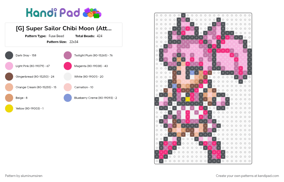 [G] Super Sailor Chibi Moon (Attacking) - Fuse Bead Pattern by aluminumsiren on Kandi Pad - anime, character, chibiusa tsukino, gray, pink, sailor chibi moon, sailor moon, sailor moon another story, super famicom, superhero