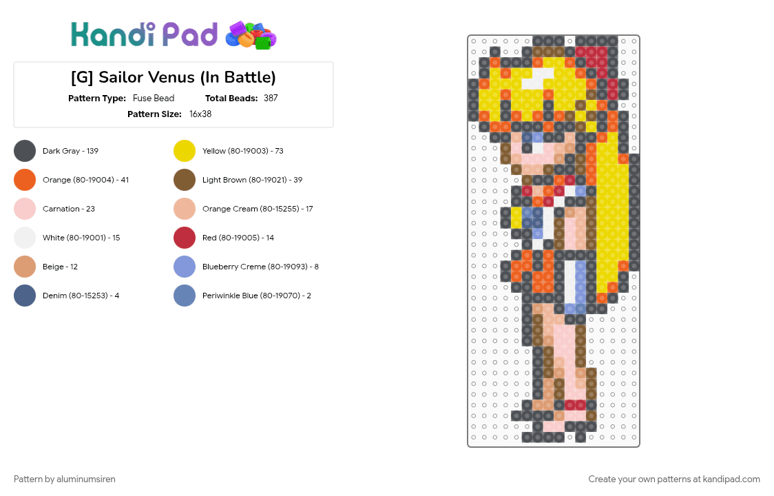 [G] Sailor Venus (In Battle) - Fuse Bead Pattern by aluminumsiren on Kandi Pad - anime, beige, character, gray, minako aino, orange, sailor moon, sailor moon another story, sailor venus, super famicom, superhero, yellow