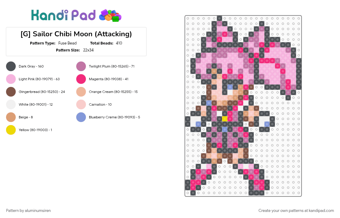 [G] Sailor Chibi Moon (Attacking) - Fuse Bead Pattern by aluminumsiren on Kandi Pad - anime, character, chibiusa tsukino, gray, pink, sailor chibi moon, sailor moon, sailor moon another story, super famicom, superhero