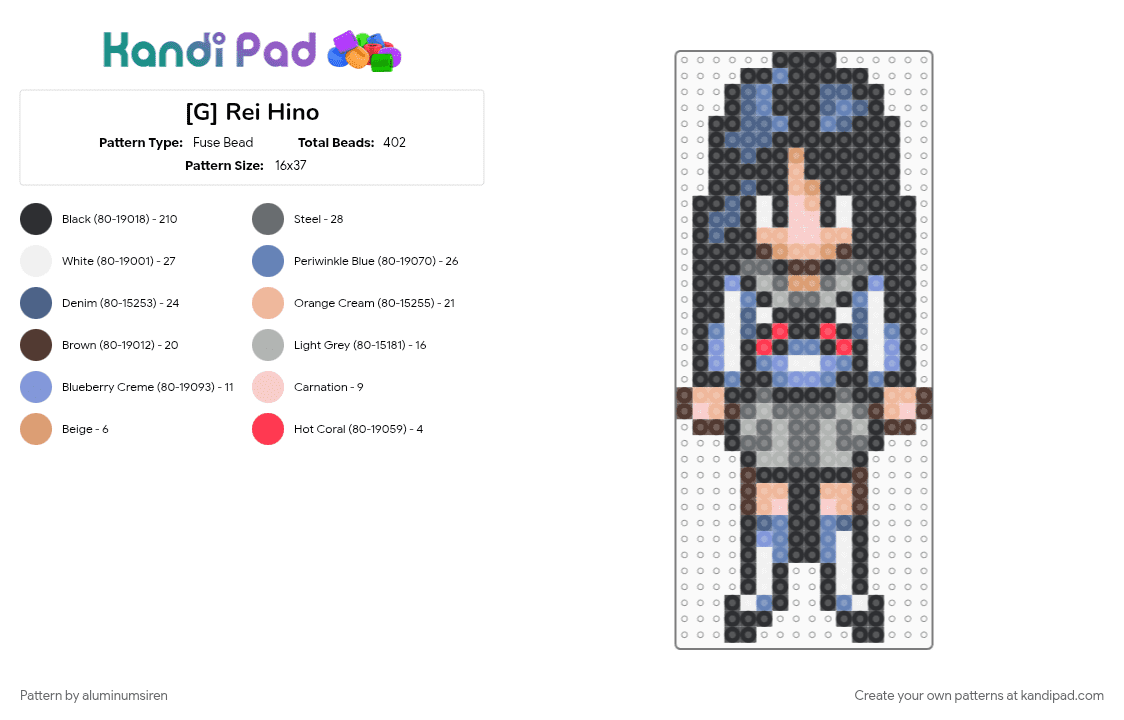 [G] Rei Hino - Fuse Bead Pattern by aluminumsiren on Kandi Pad - anime, beige, black, blue, character, gray, rei hino, sailor mars, sailor moon, sailor moon another story, super famicom, superhero