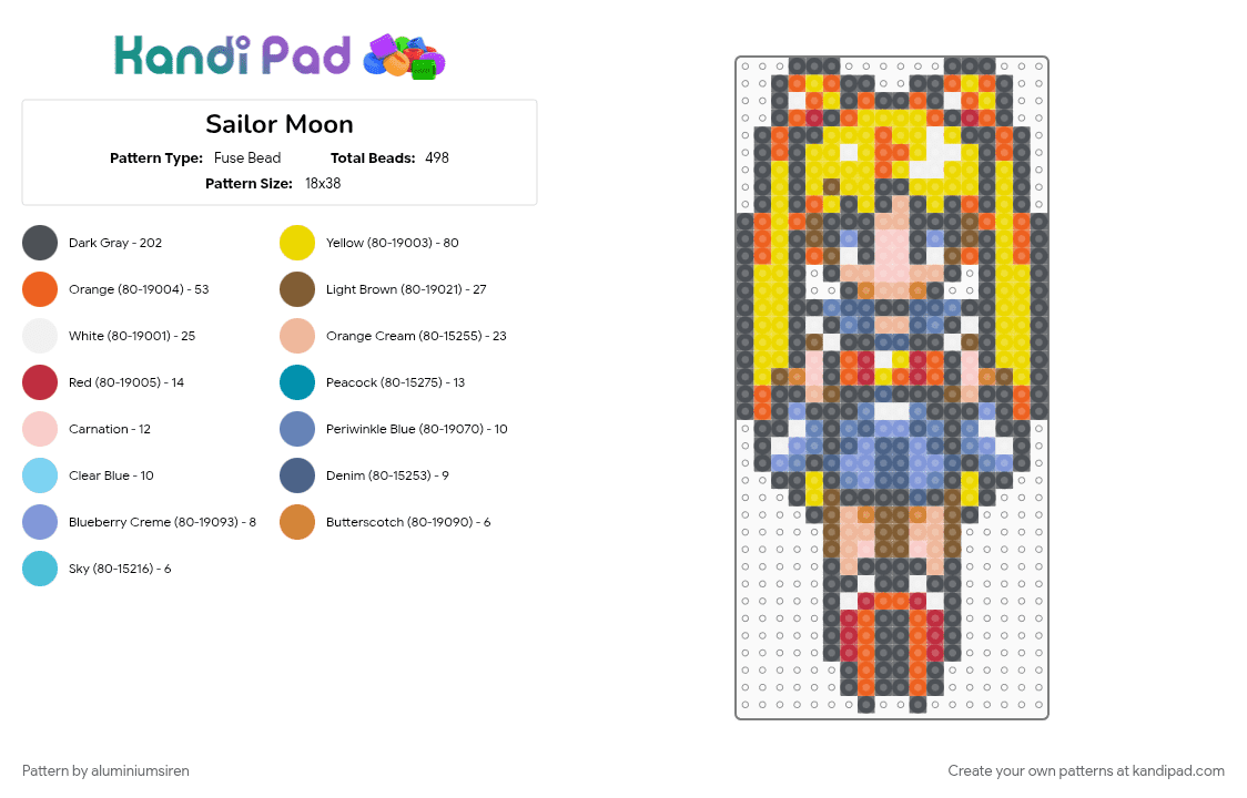 Sailor Moon - Fuse Bead Pattern by aluminumsiren on Kandi Pad - anime, character, girl, gray, orange, sailor moon, sailor moon another story, super famicom, superhero, usagi tsukino, yellow