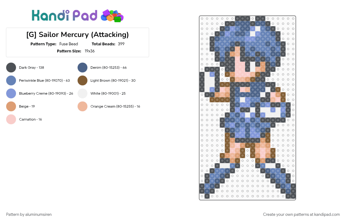 [G] Sailor Mercury (Attacking) - Fuse Bead Pattern by aluminumsiren on Kandi Pad - ami mizuno, anime, blue, character, gray, sailor mercury, sailor moon, sailor moon another story, super famicom, superhero