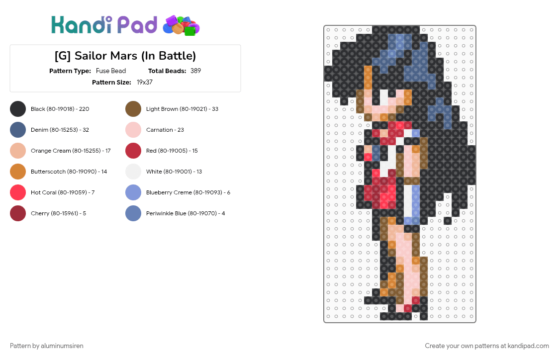 [G] Sailor Mars (In Battle) - Fuse Bead Pattern by aluminumsiren on Kandi Pad - anime, beige, black, blue, colorful, girl, red, rei hino, sailor mars, sailor moon, sailor moon another story, super famicom, superhero