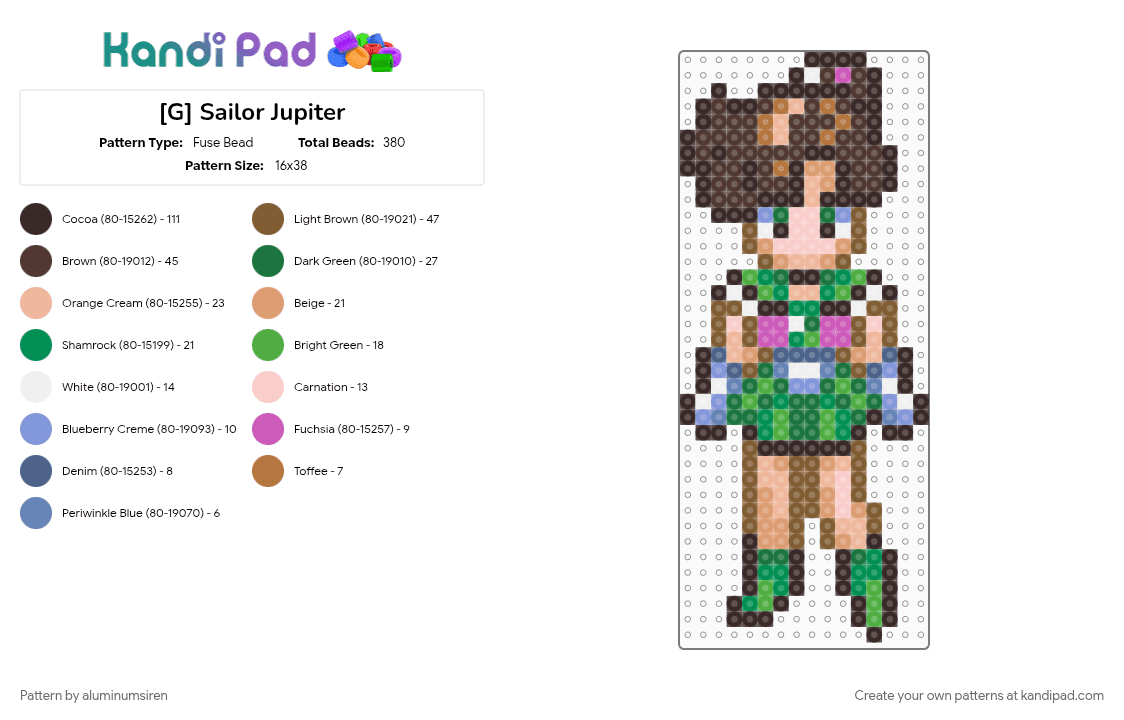 [G] Sailor Jupiter - Fuse Bead Pattern by aluminumsiren on Kandi Pad - anime, beige, brown, character, green, makoto kino, sailor jupiter, sailor moon, sailor moon another story, super famicom, superhero, tan