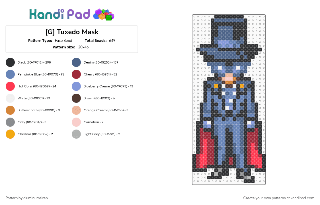 [G] Tuxedo Mask - Fuse Bead Pattern by aluminumsiren on Kandi Pad - anime, black, blue, boy, mamoru chiba, red, sailor moon, sailor moon another story, super famicom, superhero, tuxedo mask