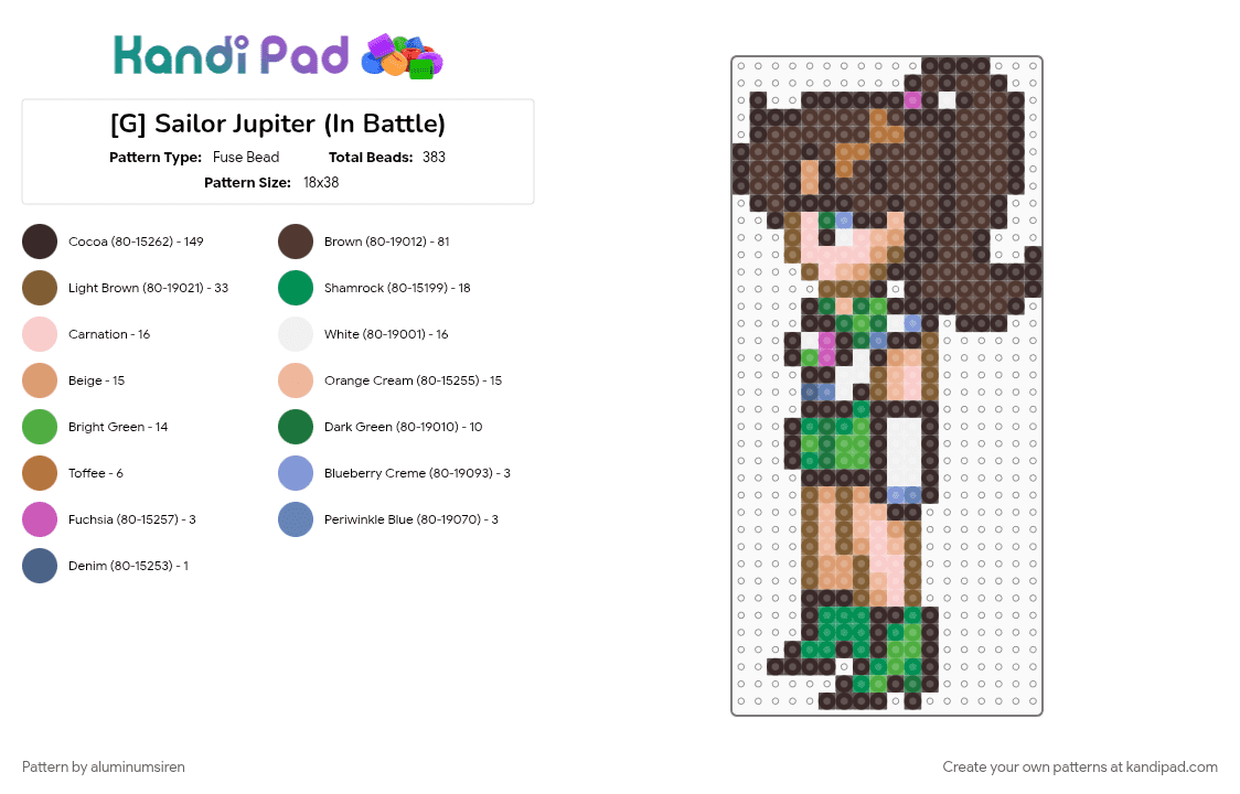 [G] Sailor Jupiter (In Battle) - Fuse Bead Pattern by aluminumsiren on Kandi Pad - anime, brown, character, makoto kino, sailor jupiter, sailor moon, sailor moon another story, super famicom, superhero