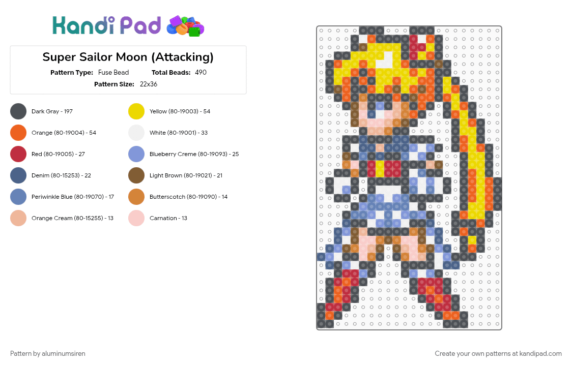 Super Sailor Moon (Attacking) - Fuse Bead Pattern by aluminumsiren on Kandi Pad - anime, character, girl, gray, orange, sailor moon, sailor moon another story, super famicom, superhero, usagi tsukino, yellow