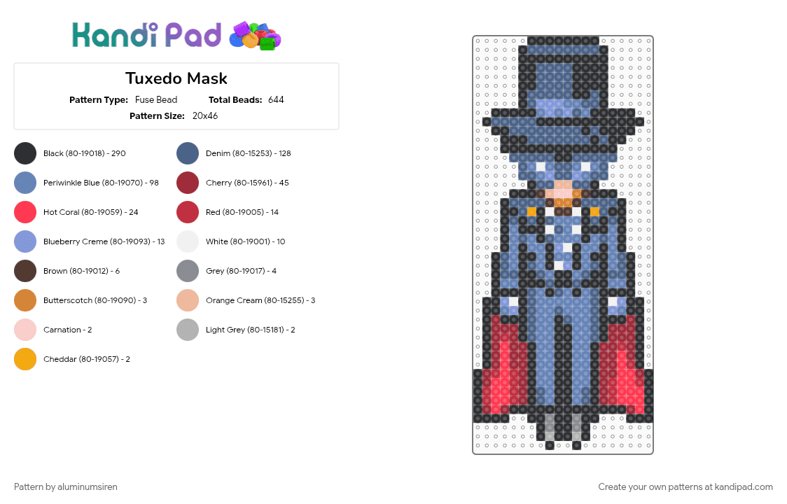 Tuxedo Mask - Fuse Bead Pattern by aluminumsiren on Kandi Pad - anime, boy, character, mamoru chiba, sailor moon, sailor moon another story, super famicom, tuxedo mask