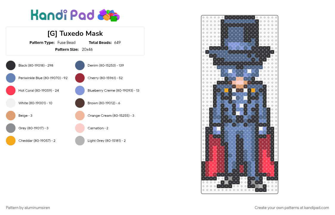 [G] Tuxedo Mask - Fuse Bead Pattern by aluminumsiren on Kandi Pad - anime, black, blue, character, mamoru chiba, red, sailor moon, sailor moon another story, super famicom, superhero, tuxedo mask