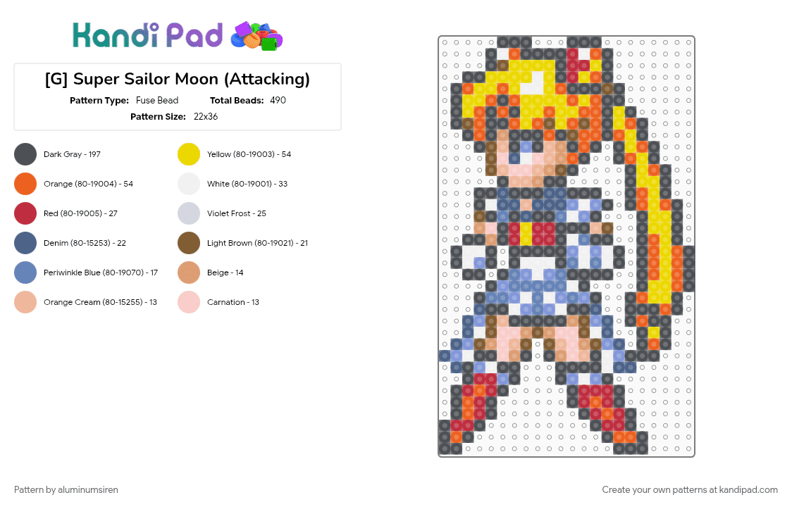 [G] Super Sailor Moon (Attacking) - Fuse Bead Pattern by aluminumsiren on Kandi Pad - anime, character, girl, gray, orange, sailor moon, sailor moon another story, super famicom, superhero, usagi tsukino, yellow