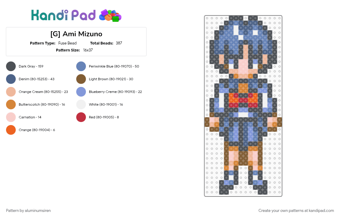 [G] Ami Mizuno - Fuse Bead Pattern by aluminumsiren on Kandi Pad - ami mizuno, anime, blue, girl, gray, sailor mercury, sailor moon, sailor moon another story, super famicom, superhero