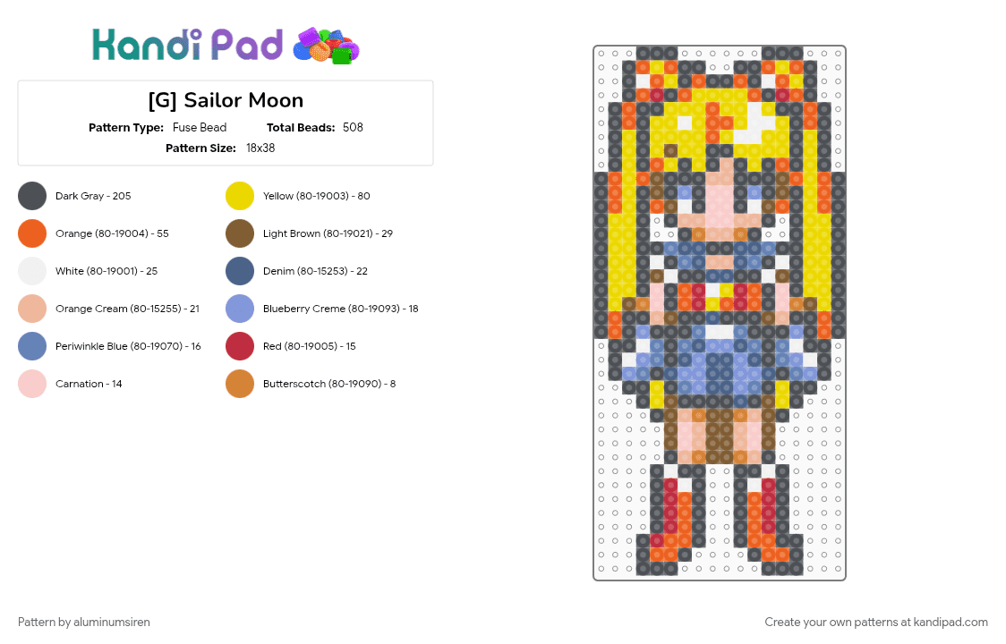 [G] Sailor Moon - Fuse Bead Pattern by aluminumsiren on Kandi Pad - anime, character, girl, gray, orange, sailor moon, sailor moon another story, super famicom, superhero, usagi tsukino, yellow