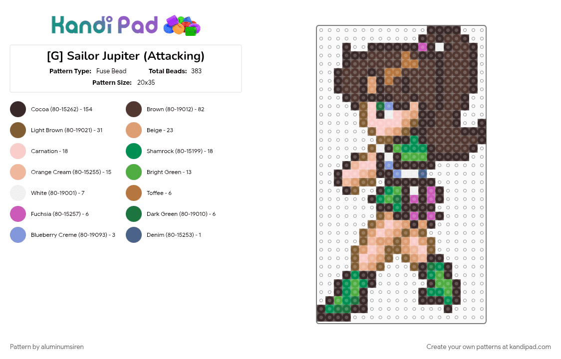 [G] Sailor Jupiter (Attacking) - Fuse Bead Pattern by aluminumsiren on Kandi Pad - anime, beige, brown, character, makoto kino, sailor jupiter, sailor moon, sailor moon another story, super famicom, superhero