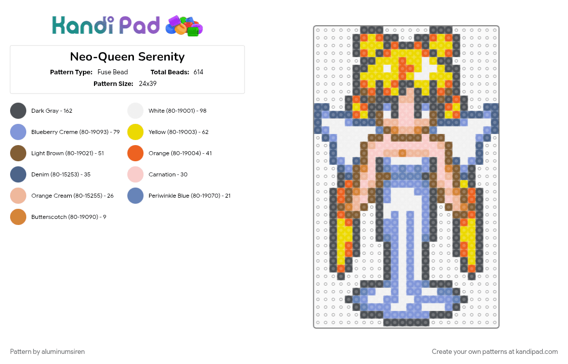 Neo-Queen Serenity - Fuse Bead Pattern by aluminumsiren on Kandi Pad - anime, character, queen, sailor moon, sailor moon another story, super famicom, usagi tsukino, woman