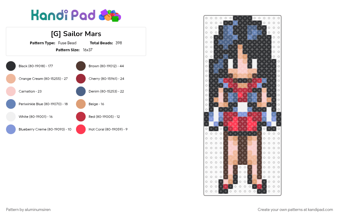 [G] Sailor Mars - Fuse Bead Pattern by aluminumsiren on Kandi Pad - anime, black, blue, character, colorful, red, rei hino, sailor mars, sailor moon, sailor moon another story, super famicom, superhero